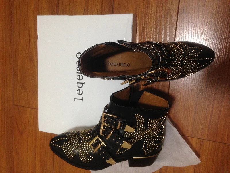 Hot Sale New Fashion Cool Women Sexy Rivets Buckle Ankle Boots High Quality Genuine Leather Med Square Heels Shoes Size 35-42