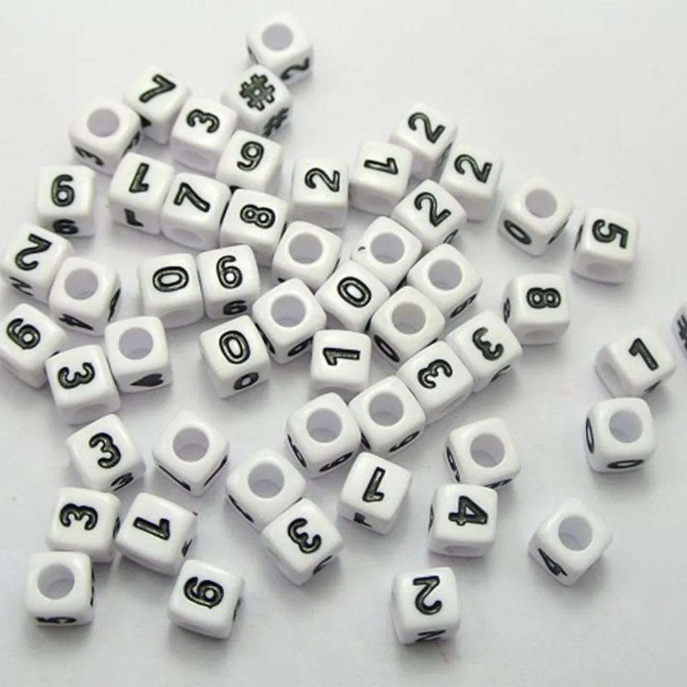 200 белых с черным Ассорти цифр &quot#&quot Акриловые кубические шарики 7x7мм|bead sites|beaded