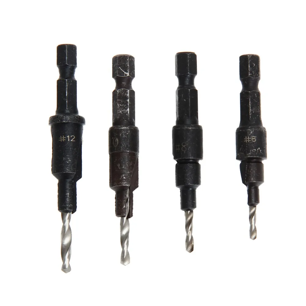 4PCS 1/4 Hex Quick Change Shank 6# 8# 10# 12#   COUNTERSINK TAPERED DRILLS BITS CONE REAMING DRILL BIT SET WOOD WOODWORKING TOOL