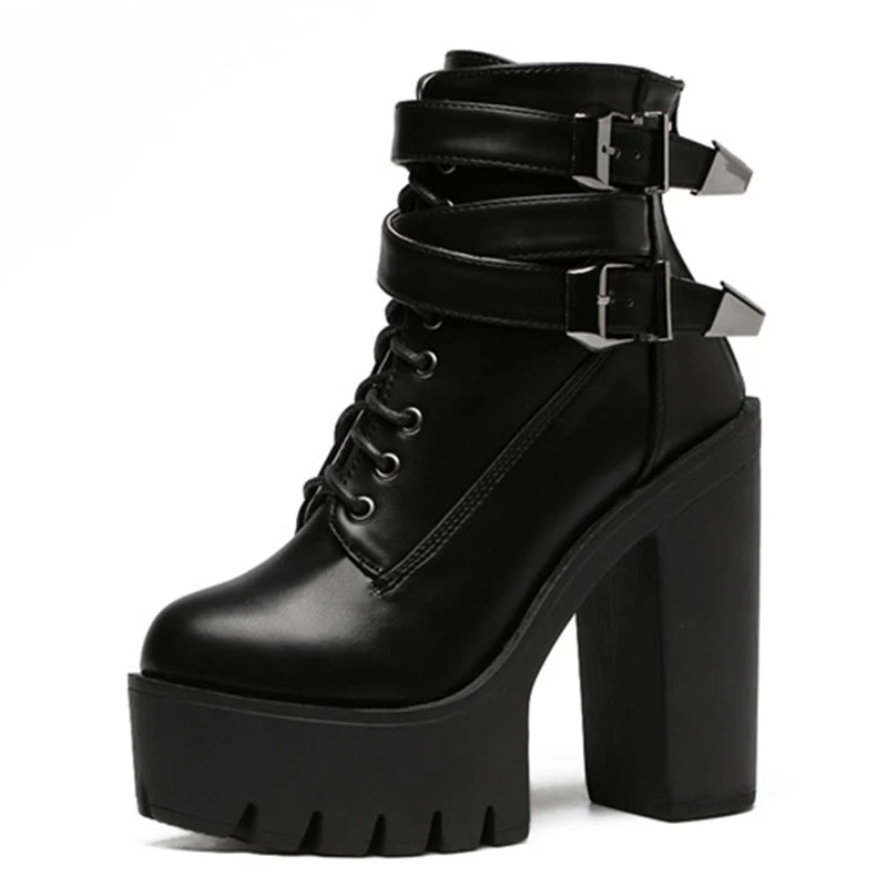 

2018 Autumn Fashion Women Boots High Heels Platform Buckle Lace Up Leather Short Booties Black Ladies Shoes Good Quality H-109