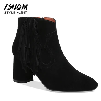 

ISNOM Cow Suede Ankle Boots Women Pointed Toe Tassel High Heels Boots Shoes 2018 New Fashion Female Shoes Short Plush Footwear