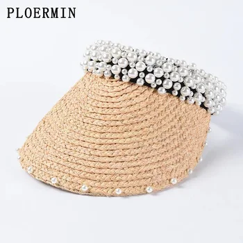 

Women Handmade Sewing Pearl Headband Hat 2019 New Raffia Visor Caps For Fashion Girls Beach Hats Lady Summer Straw Sun Hat