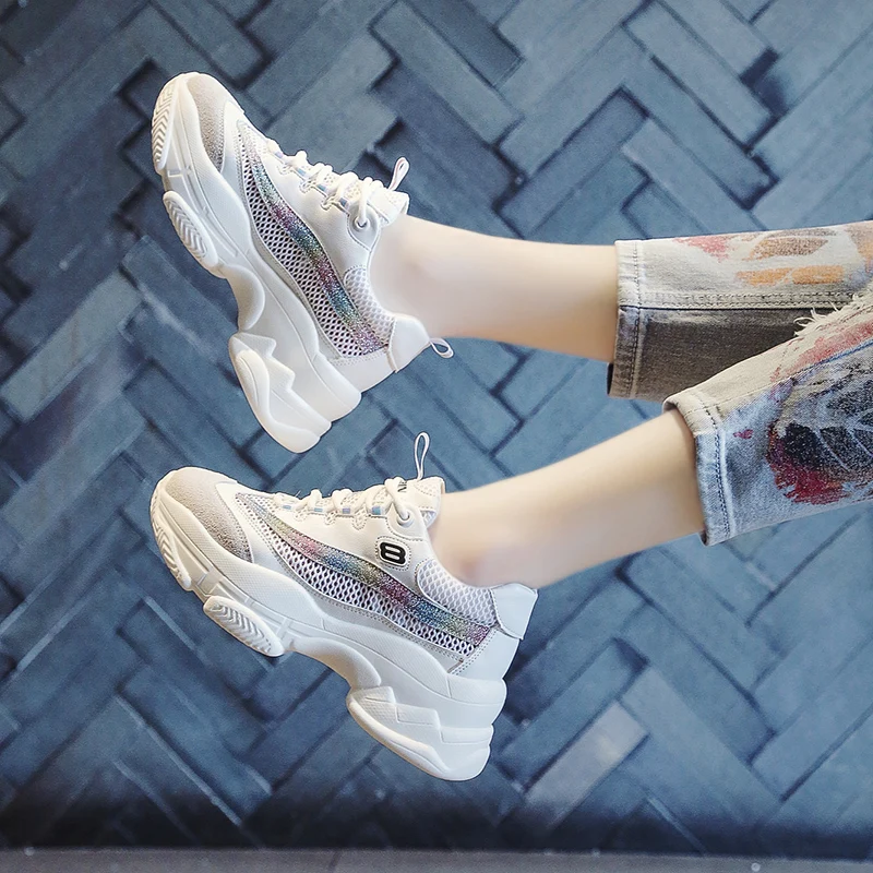 Модные женские туфли дышащие кроссовки Коренастый спортивная обувь 6 см высокие каблуки Повседневная прогулочная женская обувь на платформе