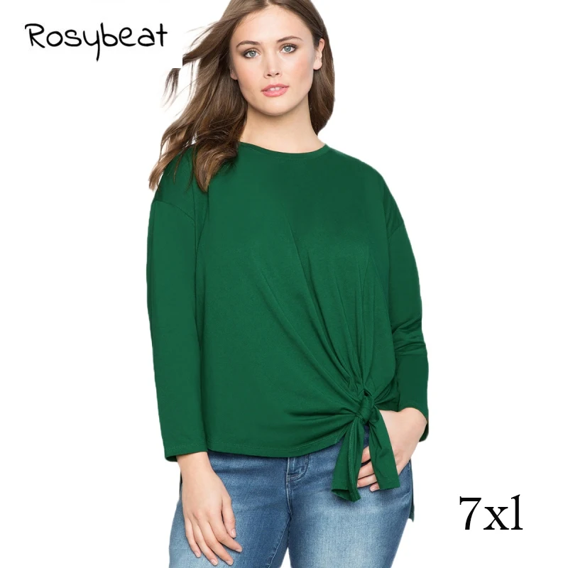 Spring Women Shirts Plus Size 6XL 7XL Solid Green Gray O Neck Sashes