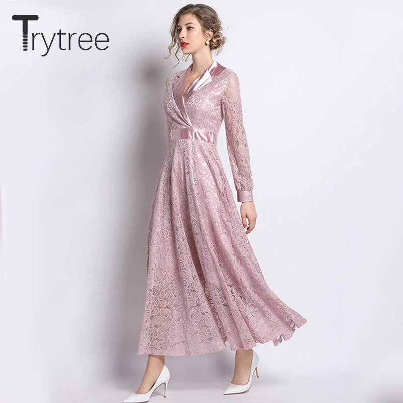 Осеннее Элегантное повседневное розовое платье Trytree женские платья из