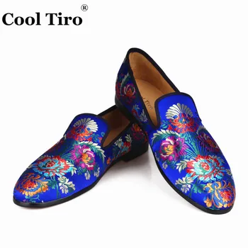 

Blue Silk Jacquard Loafers Men Smoking Slippers Formal Wedding Dress Shoes Men's Moccasins Genuine leather Casual Shoes Flats
