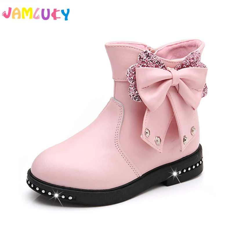 Girls Boots Autumn PU Leather Rubber Boot Fashion Round Toe Zip Bow Tie ...
