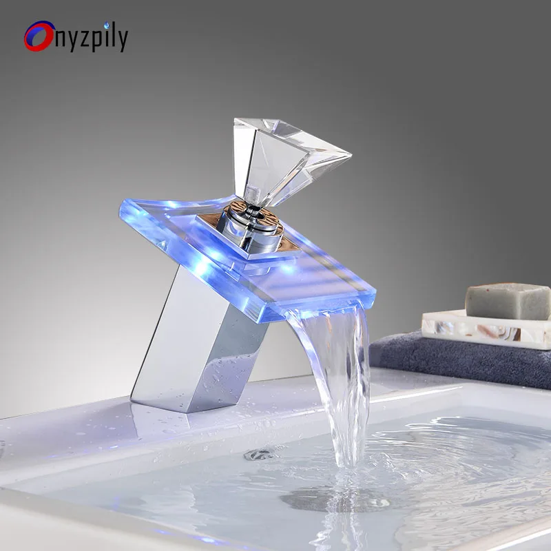 LED RGB цвета раковина кран на палубе крепление Водопад латунь ванная комната сосуд