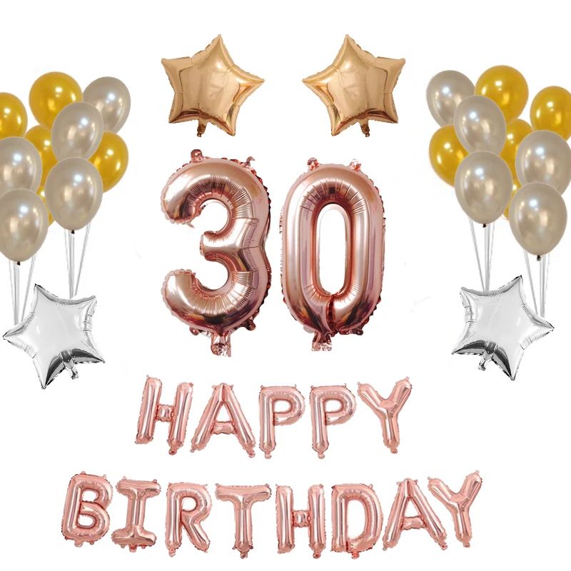 

1set rose gold Happy birthday letters 30th Number 18inch star Foil balloons sliver latex balloons globos Birthday Party Decor