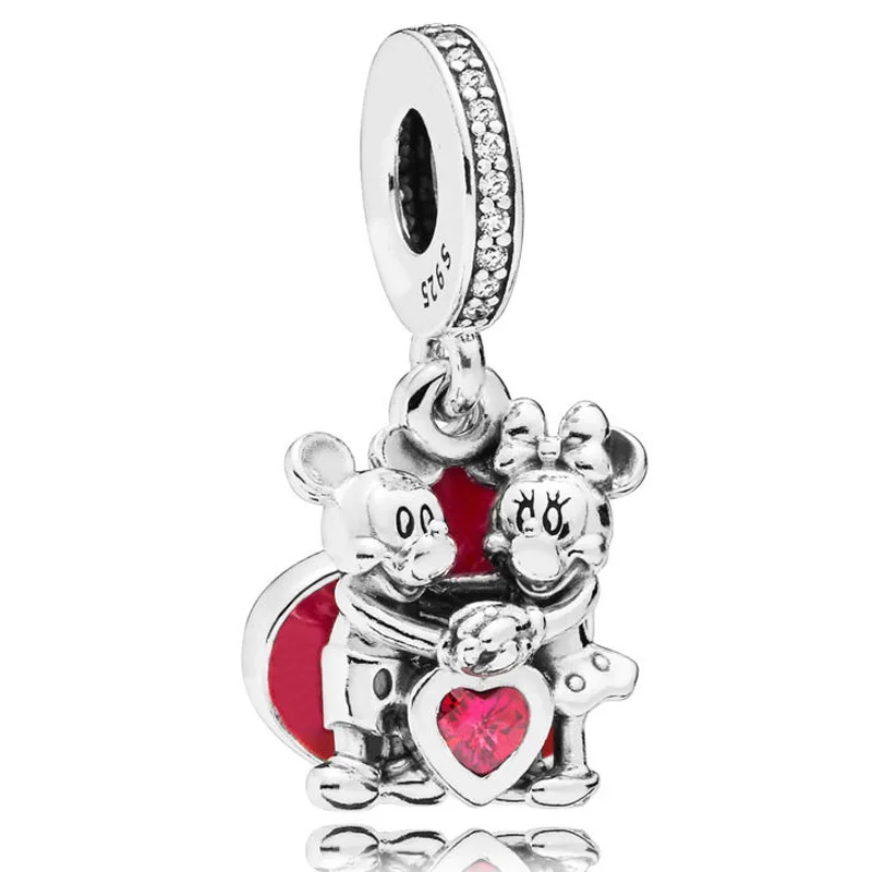 

New 925 Sterling Silver Charm Red Enamel Mickey And Minnie With Love Sweethearts Pendant Beads Fit Pandora Bracelet Diy Jewelry