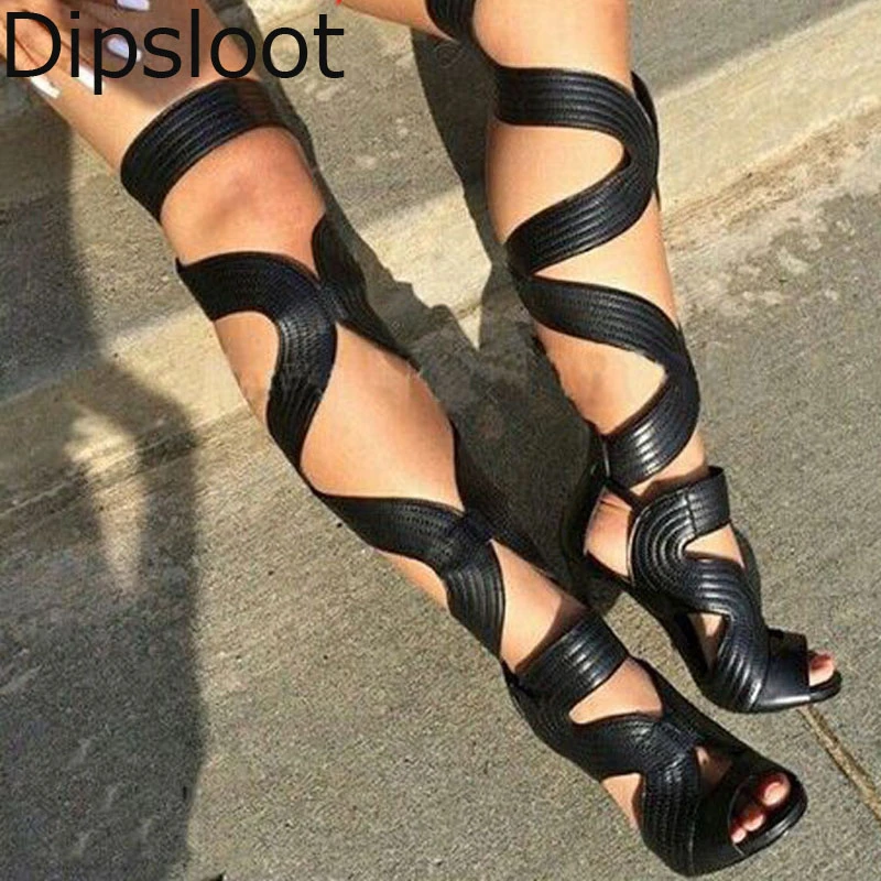 strappy thigh high lace up heels