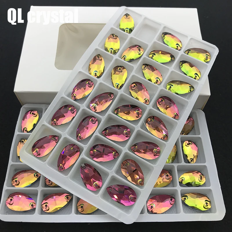 

QL Glass Crystal Sew on Rhinestones Colors AB Flatback Tear Drop Sew on stone for DIY clothing bags shose material