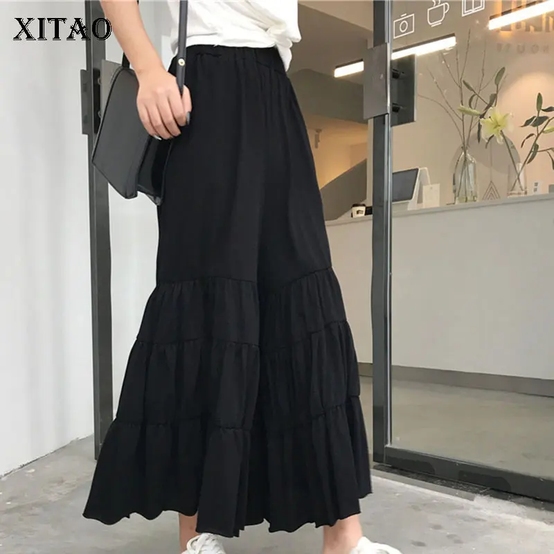 

[XITAO] New Women Korea Fashion 2019 Summer Solid Color Full Length Pants Female Pleated Elastic Waist Flare Pants ZQ1937