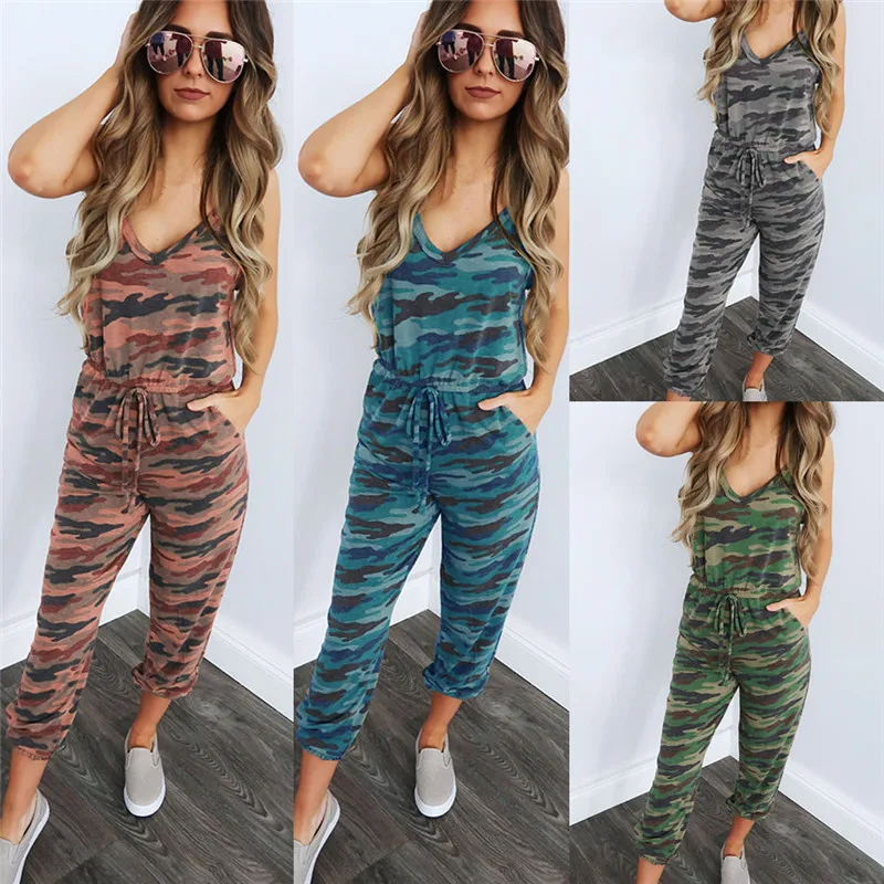 

Women Jumpsuits Sexy Sling Sleeveless V-Neck Rompers Women Jumpsuit Belt Pockets Design Camouflage Printed Summer Jumpsuits