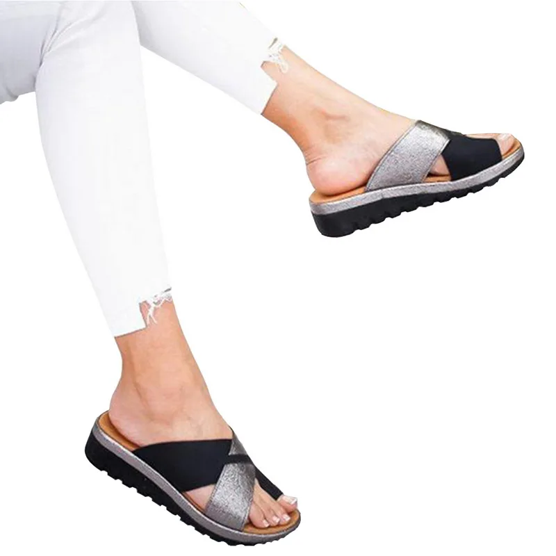 Женская обувь из искусственной кожи; тапочки; ортопедические туфли-корректоры; удобная женская повседневная обувь на платформе; большая коррекция носка; сандалии - Цвет: gray