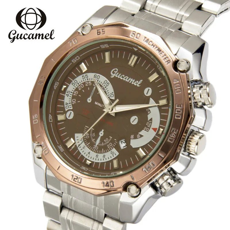 

GUCAMEL Fashion Luxury Brand Mens Quartz Wristwatches Stainless Steel Round Dial Waterproof Busniess Watch 3 Time Zone Watches