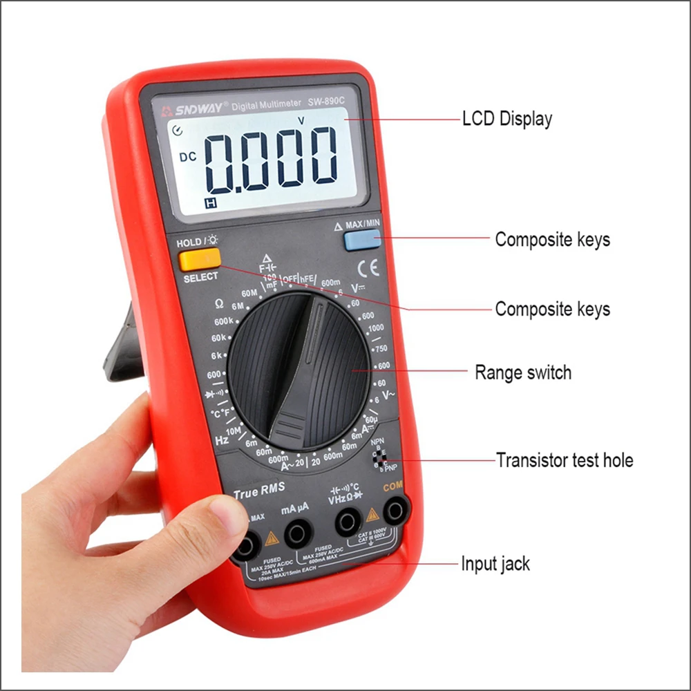 SNDWAY Цифровой мультиметр Напряжение Ток Амперметр Ом True RMS ACDC Сопротивление Емкость Частота Температура тестер SW-890C