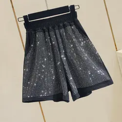 Короткие брюки женские горячие штаны с Углублениями для женщин Лето 2019 г. корейский свободные эластичный пояс Яркий дрель Высокая талия