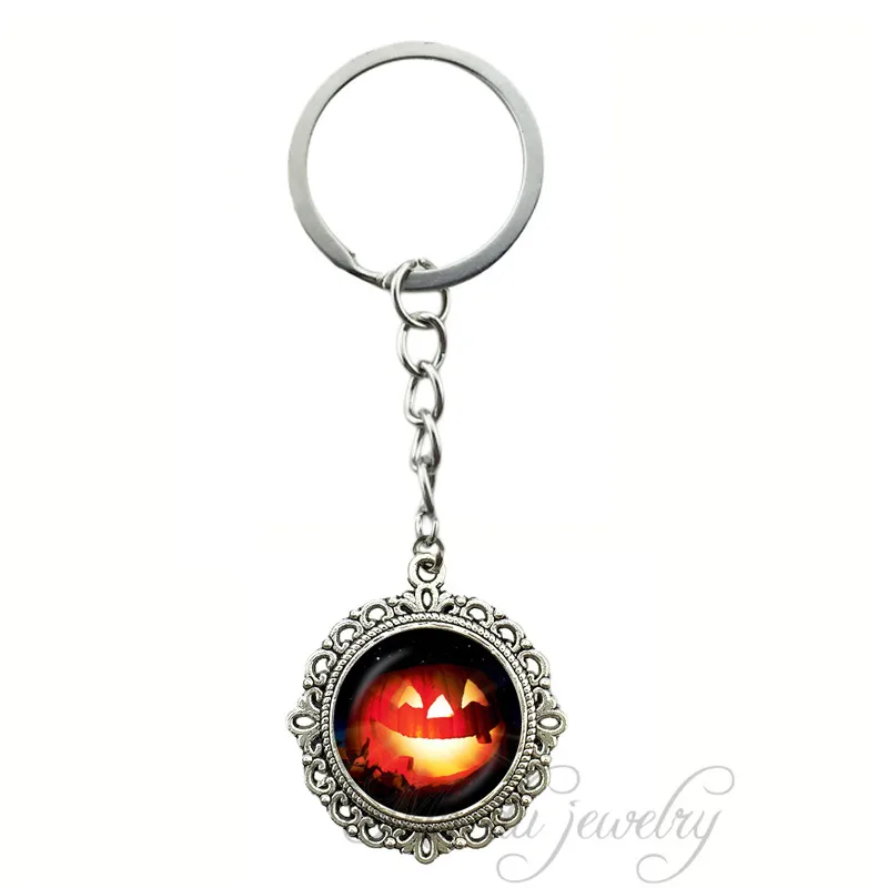 Vintage Halloween Glass Cabochon Pendant Keychain Happy Halloween Key