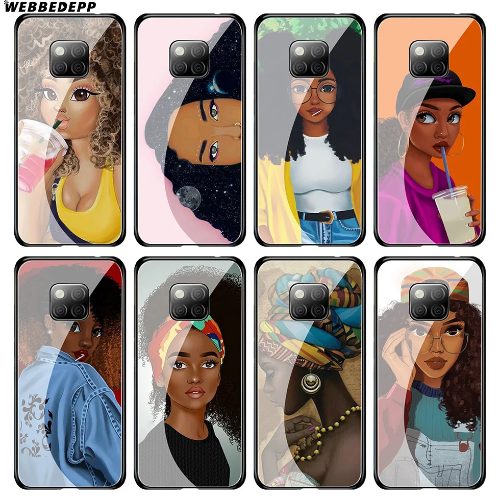 WEBBEDEPP Afro Girls Colorful Cute Tempered Glass Case for Huawei Mate 20 P20 P10 P Smart 2019 2018 &amp Honor 10 9 8X 7A Lite Pro |