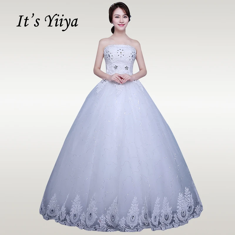 

It's YiiYa Wedding Dress 2019 Strapless Crystal Boat Neck Plus Size Wedding Dress Free Shipping Long Vestido de novia XXN176