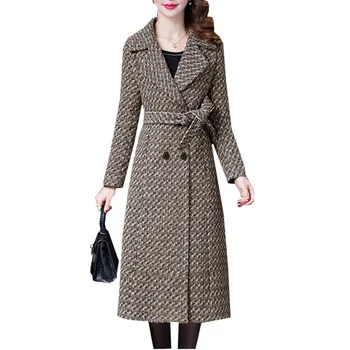 

XUXI Women Wool Coat Winter Autumn 2019 Fashion Plaid Jacket Lacing Belt Thicken Slim Woolen Blends Tops Outerwear Female FZ517