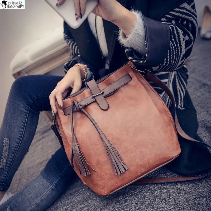 HANSOMFY The Big European And American Runway Tassel Bucket Bag Lady Shoulder Messenger Bag Retro