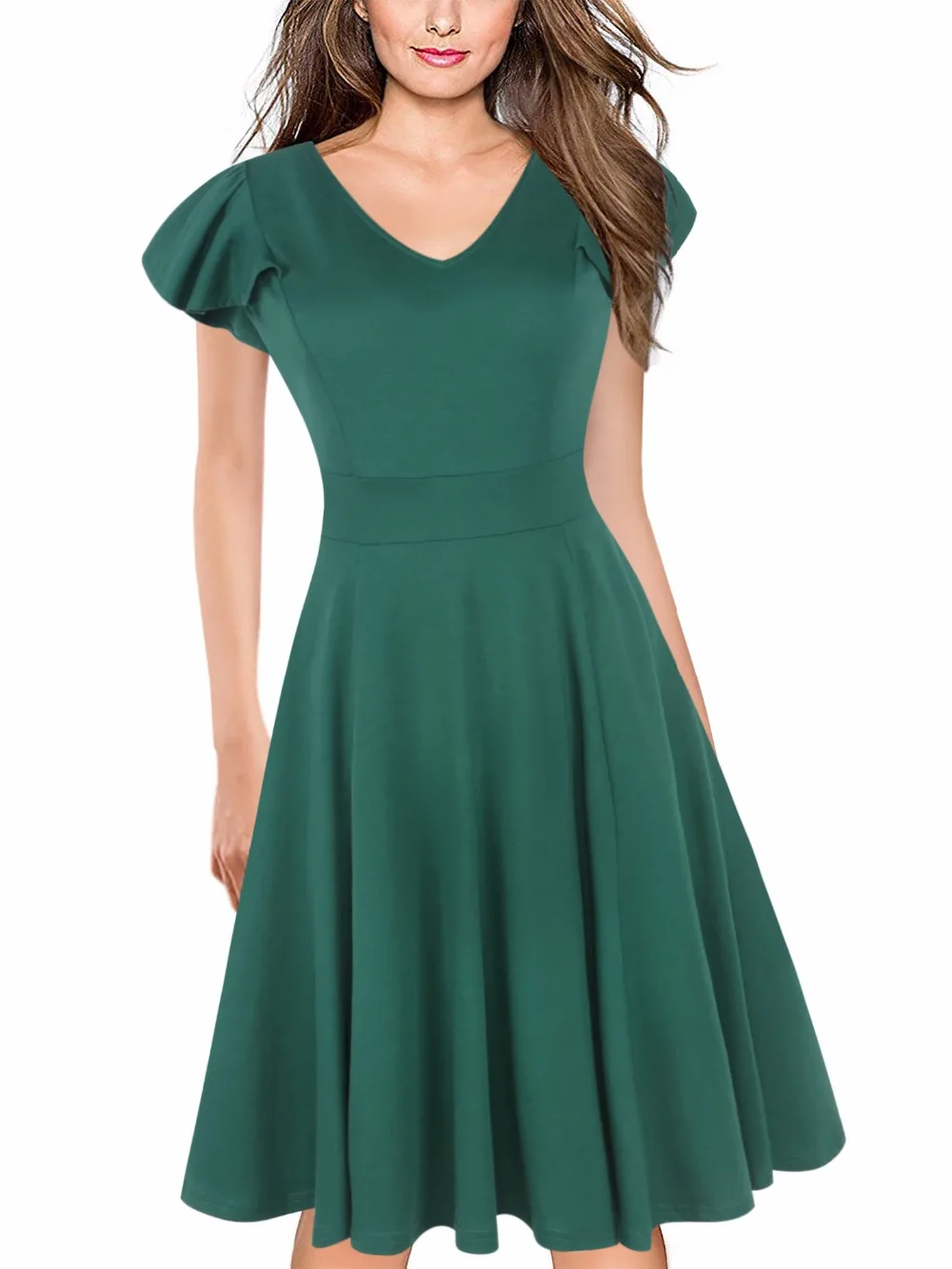 Ruffle Sleeve Plain Green Dress Women ...