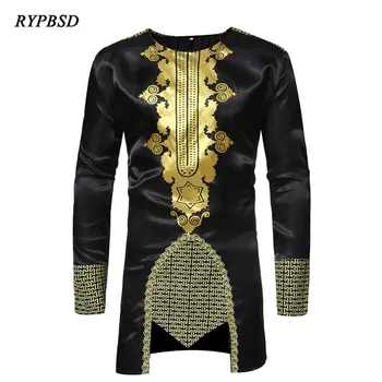 

African Style Stage Performance Traditional Vintage Casual Printing Long Gold Black T-shirt Men Long Sleeve Dress Tee Shirt Tops