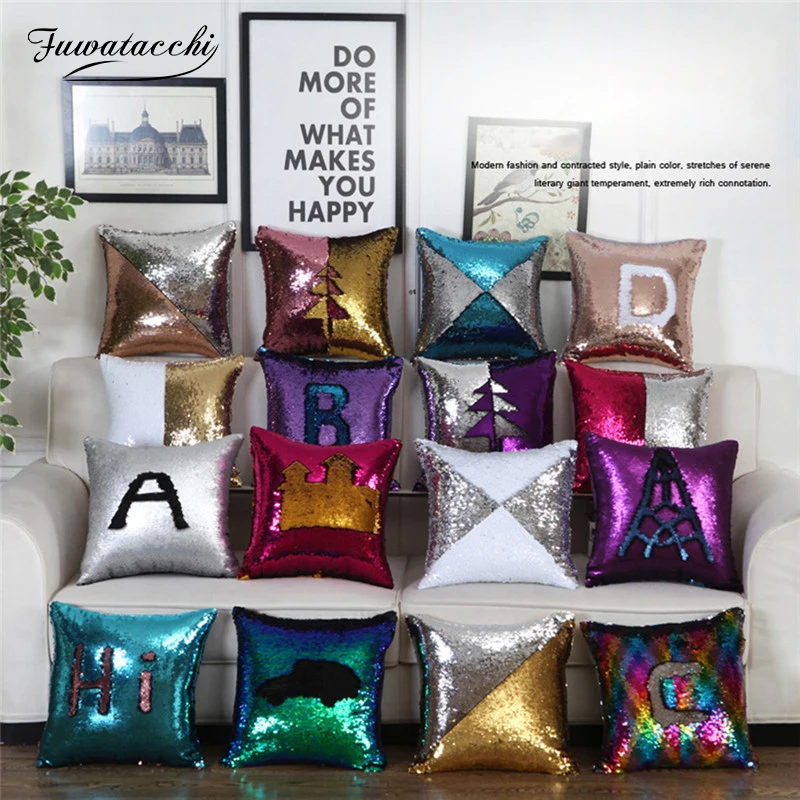 

Fuwatacchi Mermaid Sequin Cushion Cover Magical Shining Smile Decorative Color Changing Reversible Patchwork Solid Pillow case