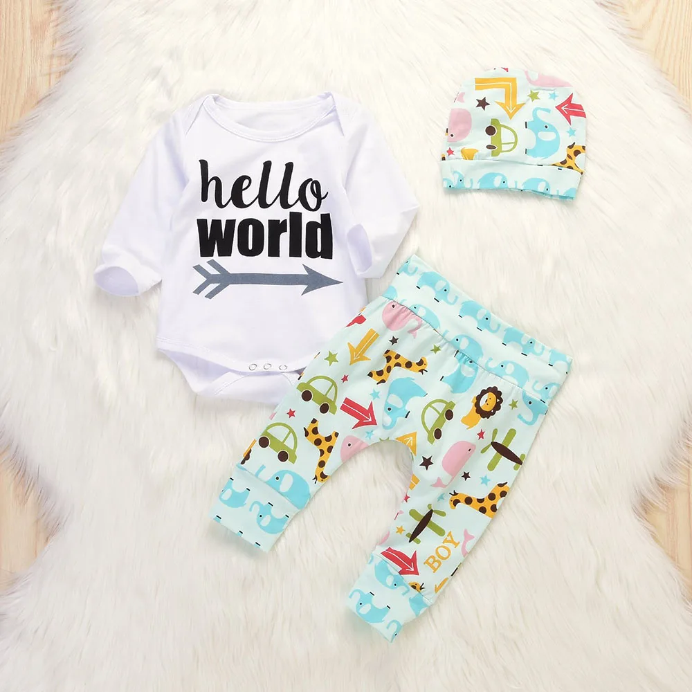 3Pcs Newborn Baby Boy Girls Letter Print Arrow Romper+Cartoon Animal Long Pants+Hat Outfits Set | Детская одежда и обувь