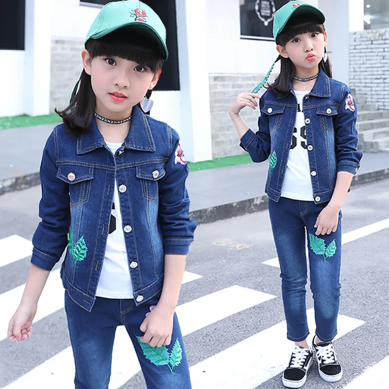 

Autumn Denim Kids Clothes Sequins Butterfly Jacket+Pants 2 Pcs Fashion Set Girls Spring Teenage Girls Clothing For 6 8 12 Years