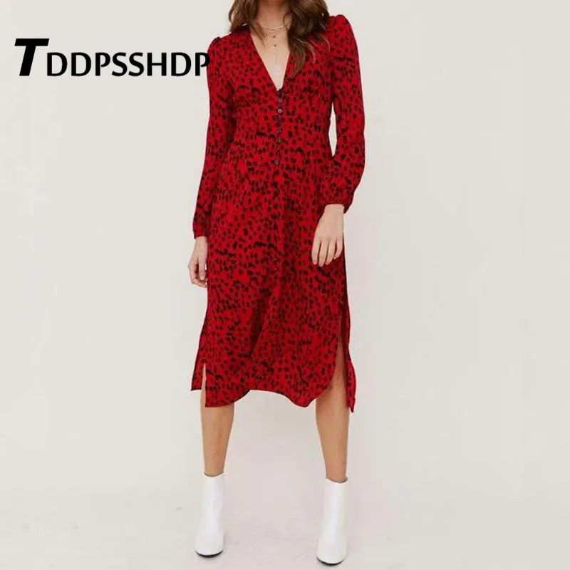 

Red Leopard Printing Single Breasted Slit Women Dress Long Sleeve V Neck Spring Female Dresses