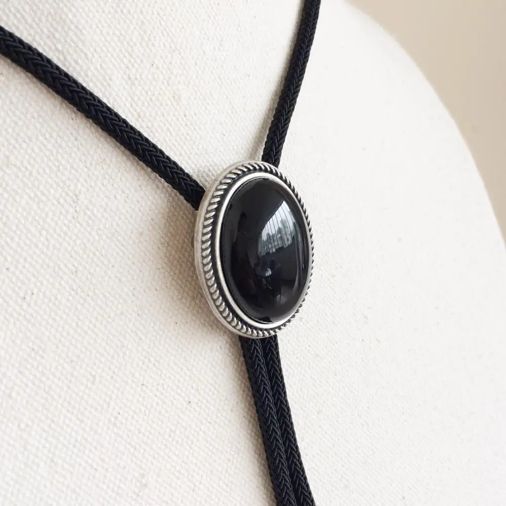 New JEAN/'S FRIEND Original Nature Black Obsidian Stone Oval Wedding Bolo Tie