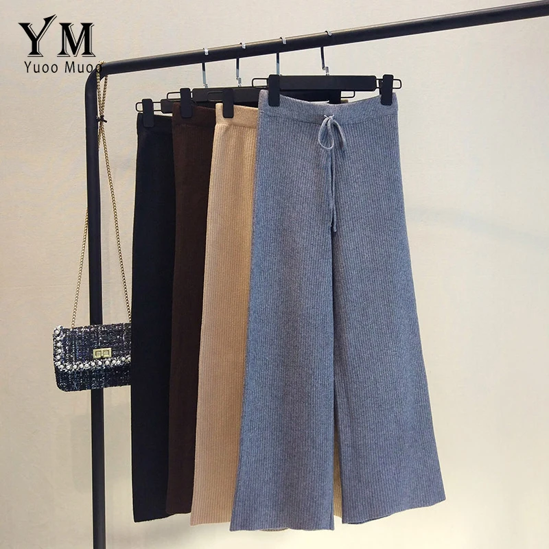 

YuooMuoo Korean Autumn Winter Wide Leg Pants Women Casual High Waist Pants Drawstring 2019 New Warm Knitted Pant Trousers Femme