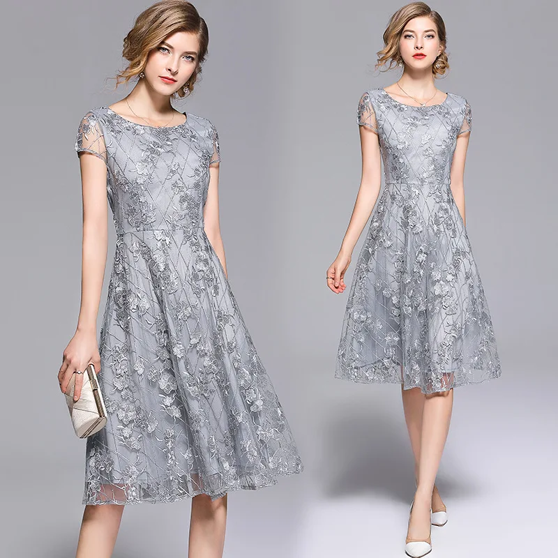 Summer Lace Mesh Embroidery Dress Chiffon Women O-Neck Short Sleeves A-Line Silver Vintage Long Party Elegant Dress Vestidos