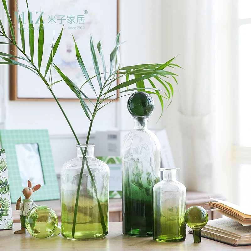 Miz 1 Piece Green Bottle Glass Vase Original Design Desk Accessory