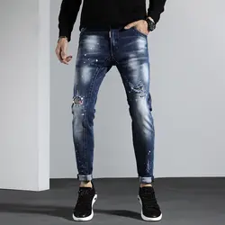 Новые рваные джинсы для мужчин краски обтягивающие мужские джинсы эластичные Стрейчевые брюки одежда Брюки Одежда для улицы хип-хоп