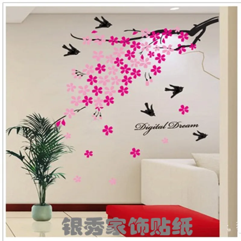 Elegant Flower Wall Stickers Graceful Peach Blossom birds Wall Stickers
