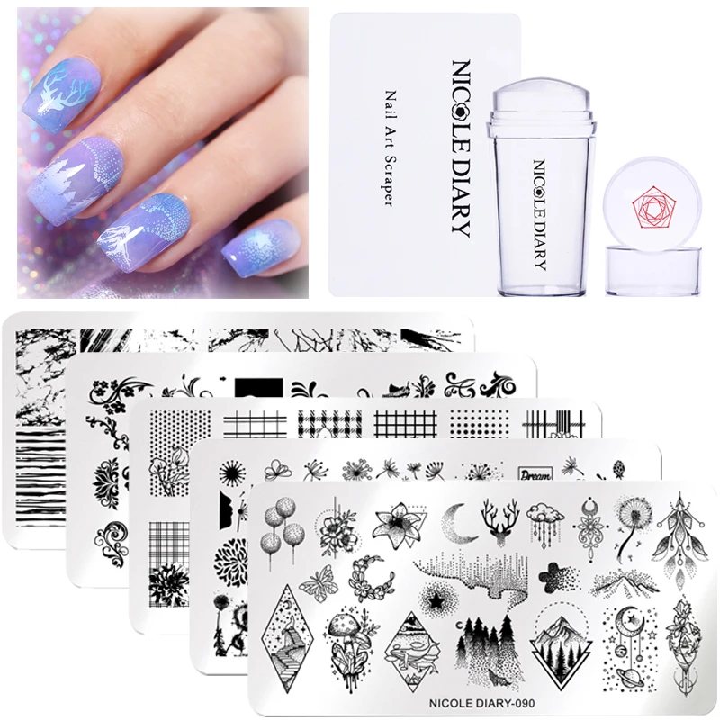 

NICOLE DIARY 3pcs/set Nail Stamping Plate Stamper Scraper Geometric Coconut Flower Images Stamp Template Manicure Art Stencil