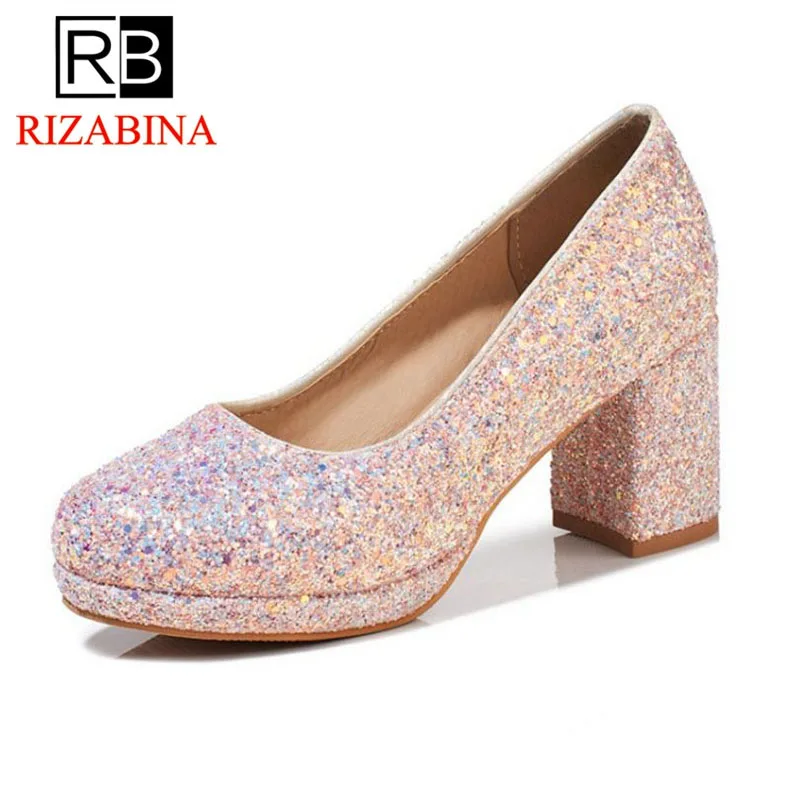 

RizaBina Size 30-43 Women High Heel Pumps Thick Heel Slip On Round Toe Shine Women Shoes Sweety Concise For Party Office Shoes