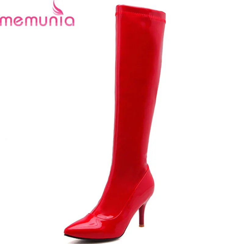 

MEMUNIA 2020 hot sale knee high boots women pointed toe autumn winter boots sexy stiletto heels prom shoes woman big size 33-46