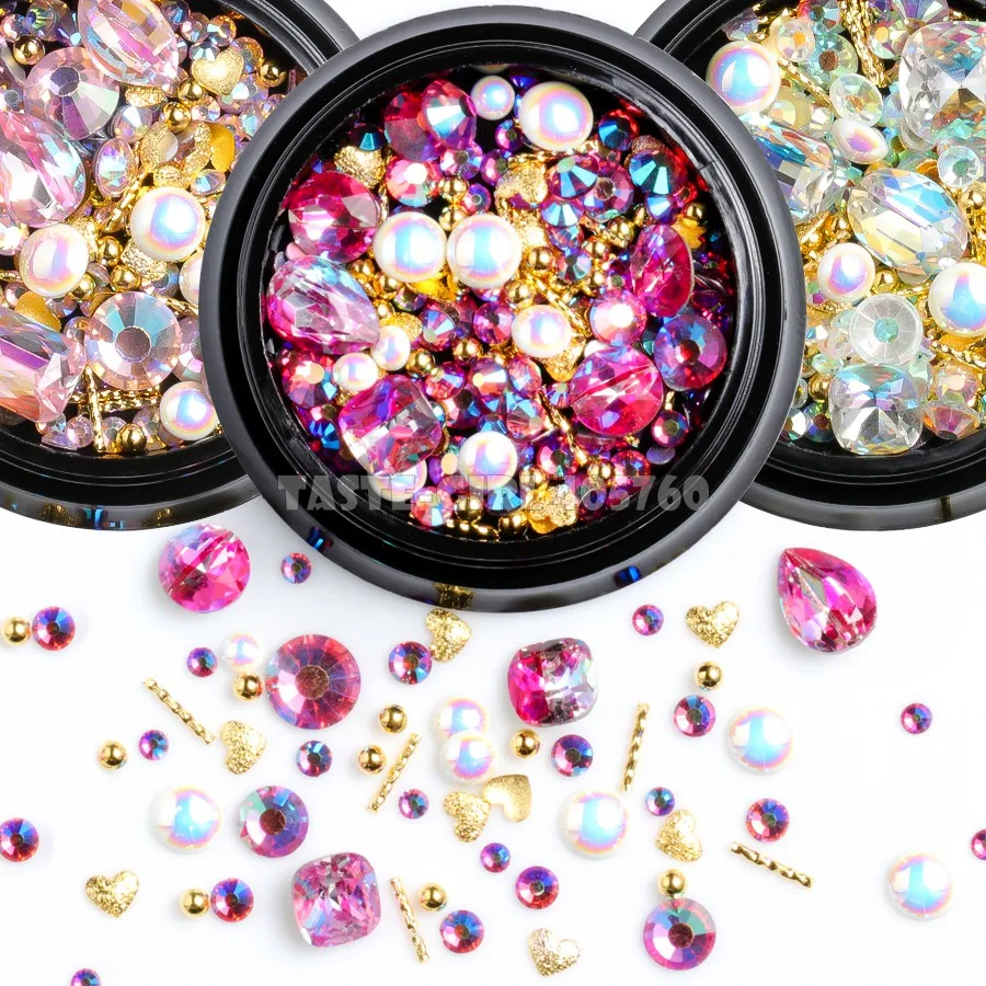 

Mix Shapes Glitter Jewel Pearls Gold Metal Bar Beads Frosted Heart-shaped Nail Art Rhinestones Gems Decals Manicure DIY Tips