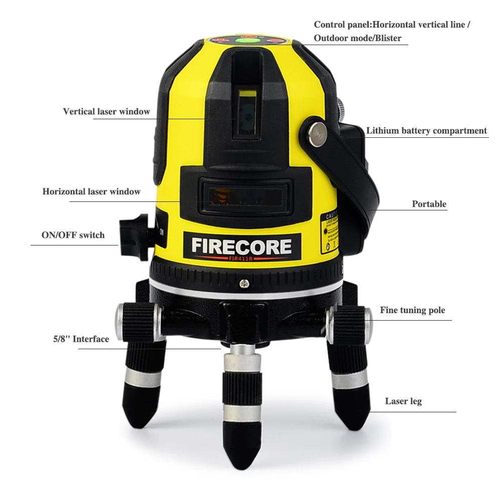 FIRECORE FIR411R 5 линий литиевая батарея Красный лазерный уровень самонивелирующийся 360 горизонтальный и вертикальный открытый режим с приемником