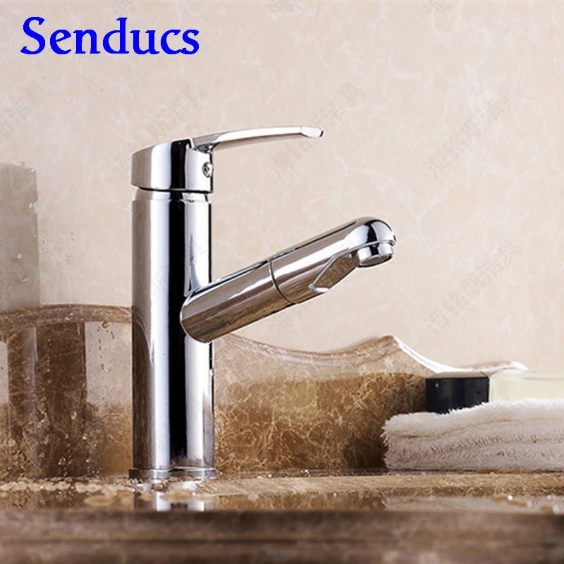 

Free shipping pull out bathroom faucet with single handle polished chrome pull down basin sink faucet for hot cold water faucet