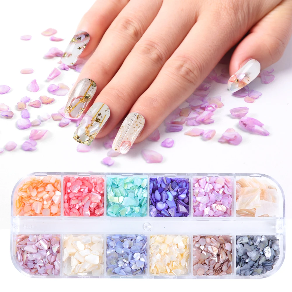 

12 Mixed Colors Crushed Shell Fragment Nail Stone Powder Acrylic UV Gel Tip for Nail Art Decoration Charms Manicure Tool LA732