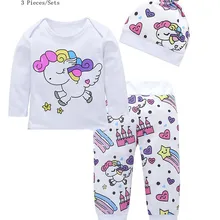 Комплекты одежды из 3 предметов для новорожденных девочек г. Модные топы с изображением радуги и единорога+ штаны с изображением замка Пегаса и шапочки