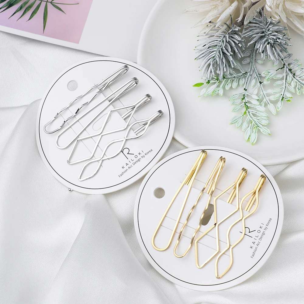 

HOOH 4pcs/set Korea Simple Metal Hair Clips Geometric Rhombus Gold Silver Color Hairpins Hair Accessories for Women Girls