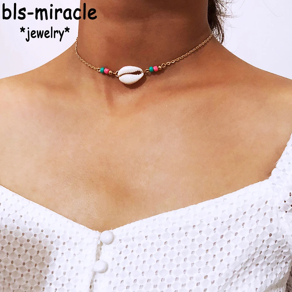 

Bls-miracle Colored Beads Braided Chain Shell Choker Boho Cowrie Conch Beach Necklace for Women Ocean Beach Shell Jewelry NX-57