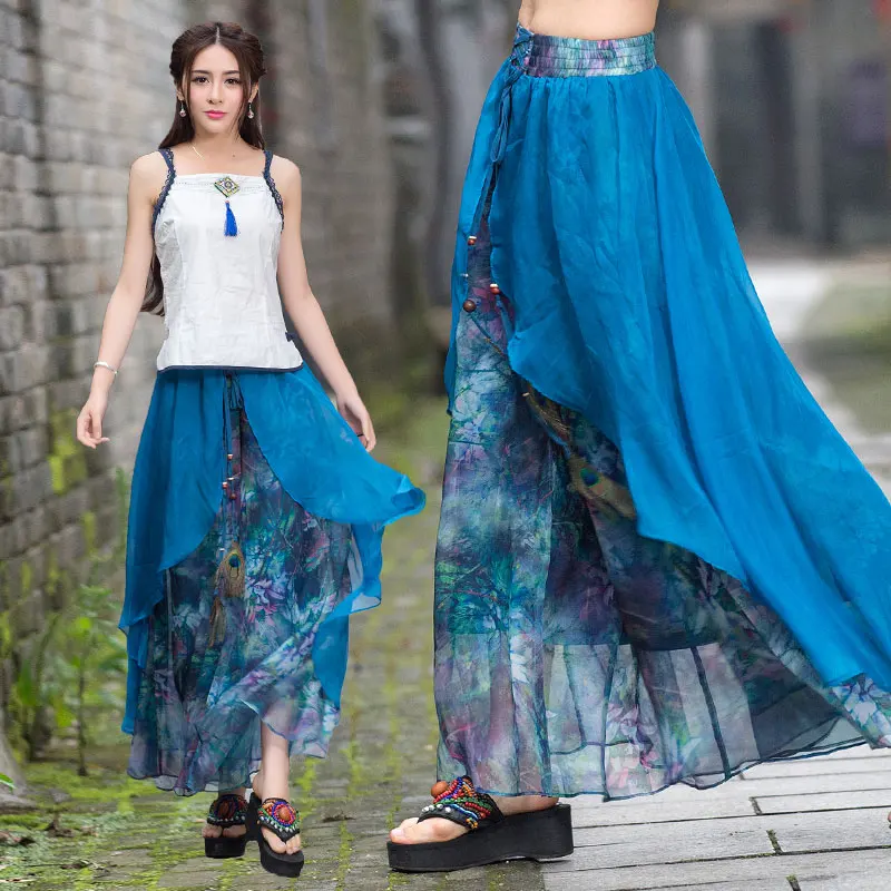 

Vintage 70s ethnic long two layers asmmetrical print wide leg pant 2019 women summer Mexico style ethnic print trousers capris